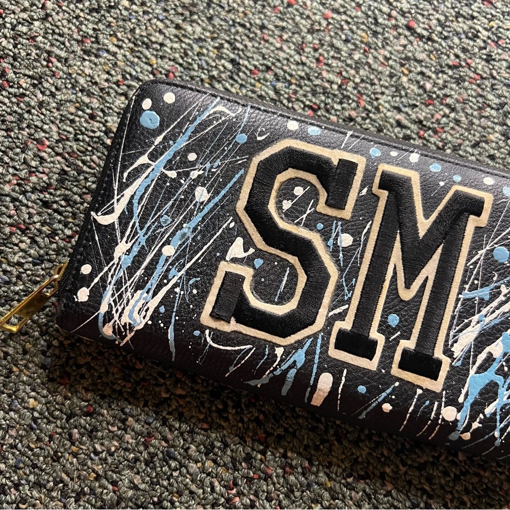 S & M Initial Black Leather Blue & White Paint Splatter Clutch Wallet Accessory